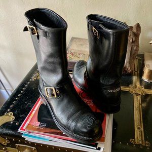 Chanel 90s calf leather motorcycle boots 38 7 7.5